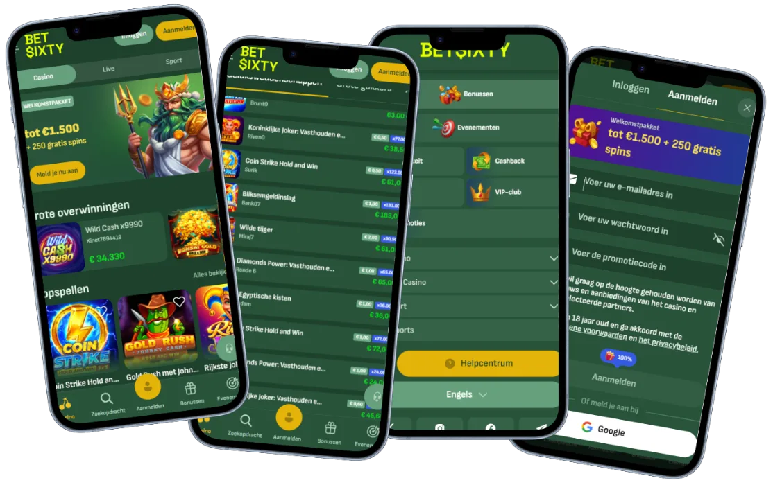 Betsixty Casino Mobiele App Ervaring Betsixty Casino mobiele schermen met lobby, winnaarslijst, menu en aanmeldformulier
