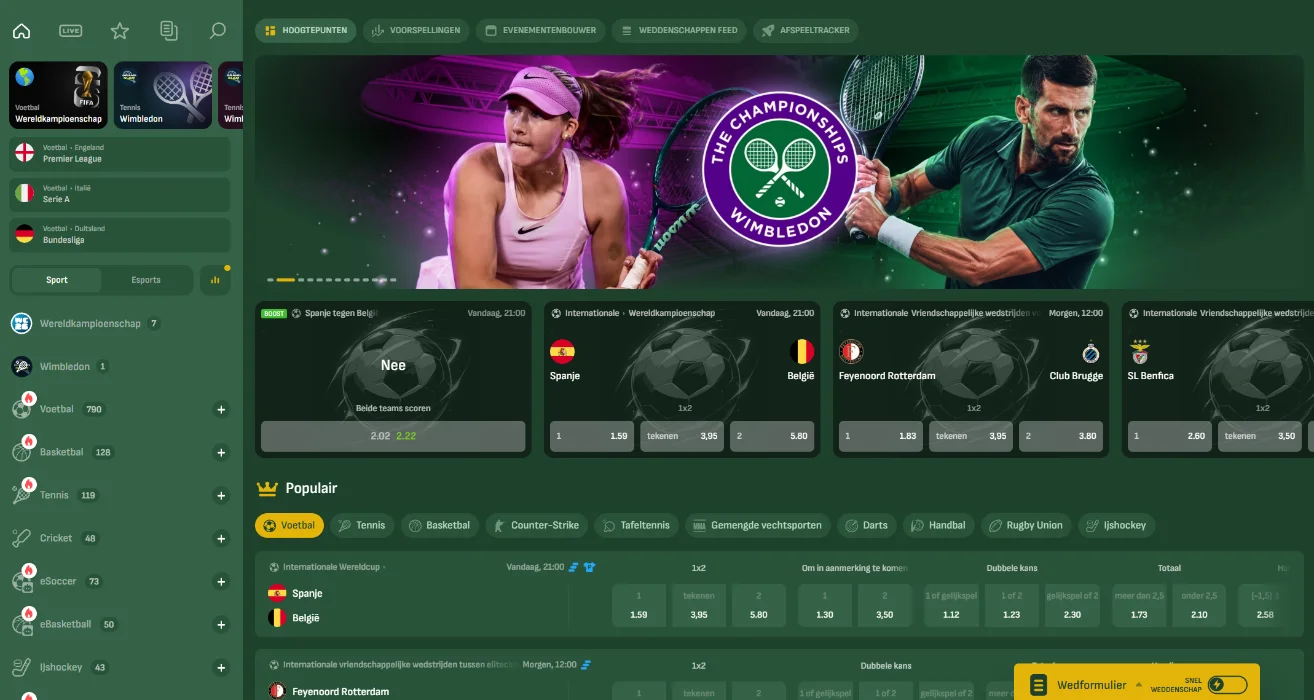 Betsixty Casino Sportweddenschappen Betsixty Casino sportweddenschappen scherm met Wimbledon banner, voetbal odds en populaire markten